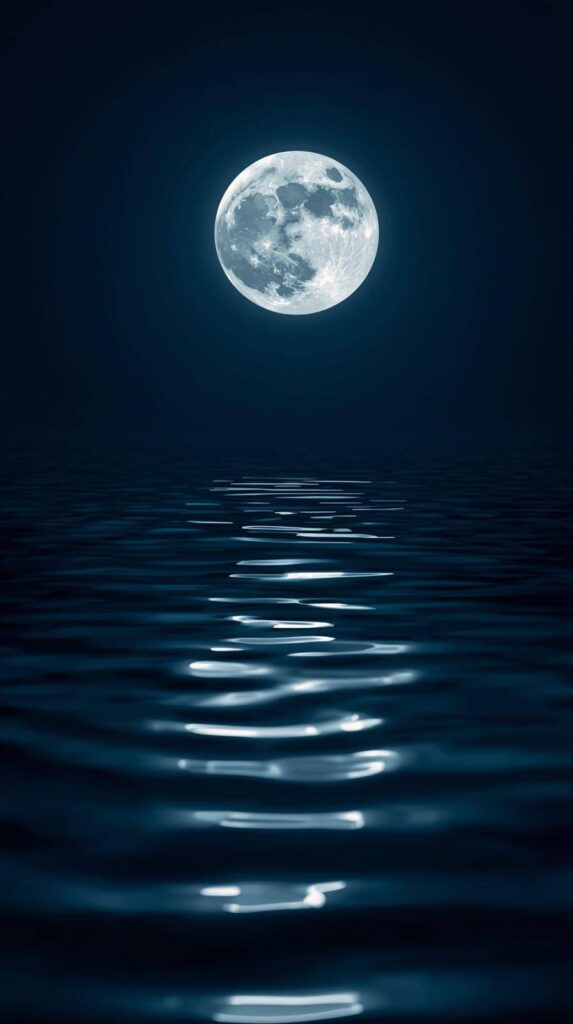 Full moon reflecting on calm water under dark night sky
