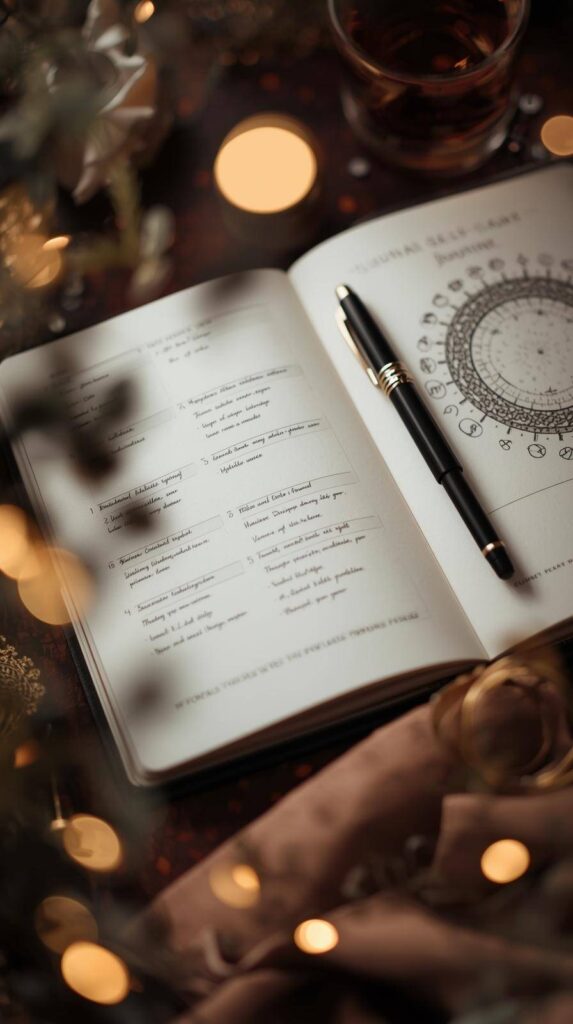 Open lunar self-care journal with calendar and intention prompts in cozy ritual setting