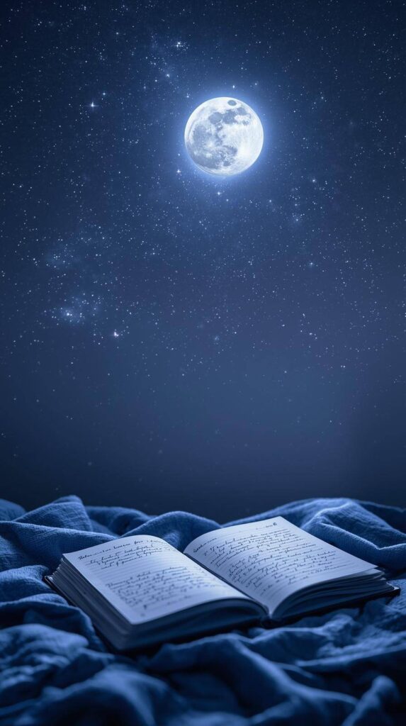 moon self care journaling notebook under full moon night sky