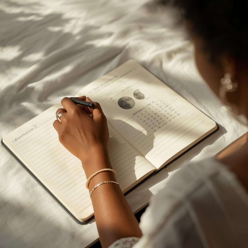 Woman writing intentions in a journal as part of moon self-care journaling practice