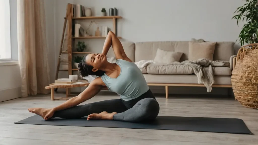 gentle stretching as part of a morning self care routine for women