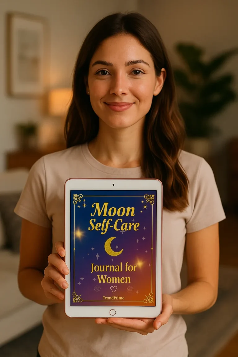 Woman holding the Moon Self-Care Journal for Women – mindful daily rituals and guided wellness planner