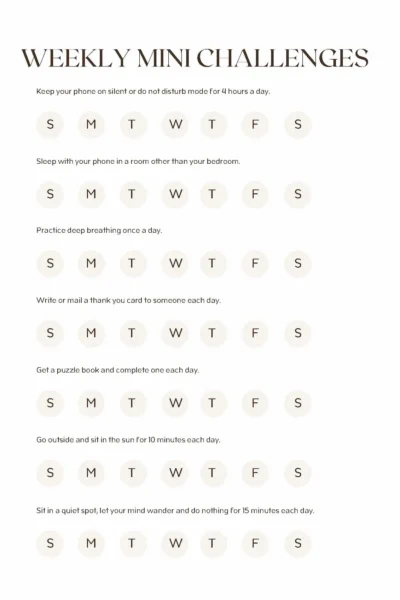 Weekly mini challenges page from the Moon Self-Care Journal – digital detox and mindfulness prompts