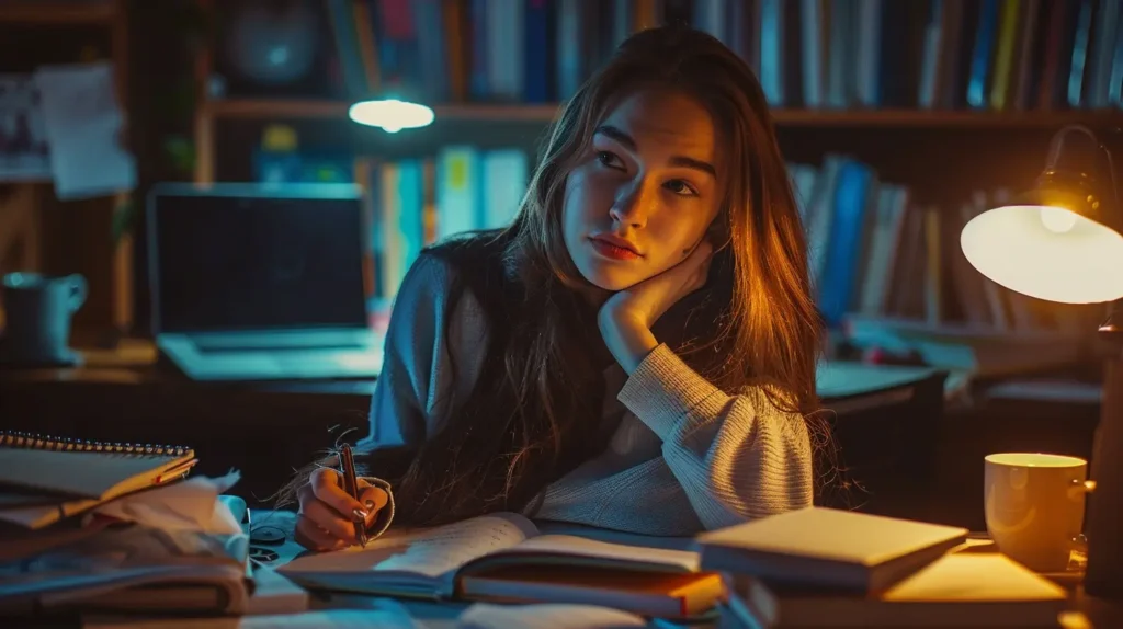 woman writing stress relief journal prompts in a quiet evening